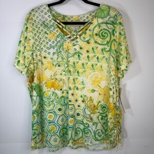 Alfred Dunner Rise & Shine Floral Geometric Top Lime Green Yellow 1X NWT Ruched